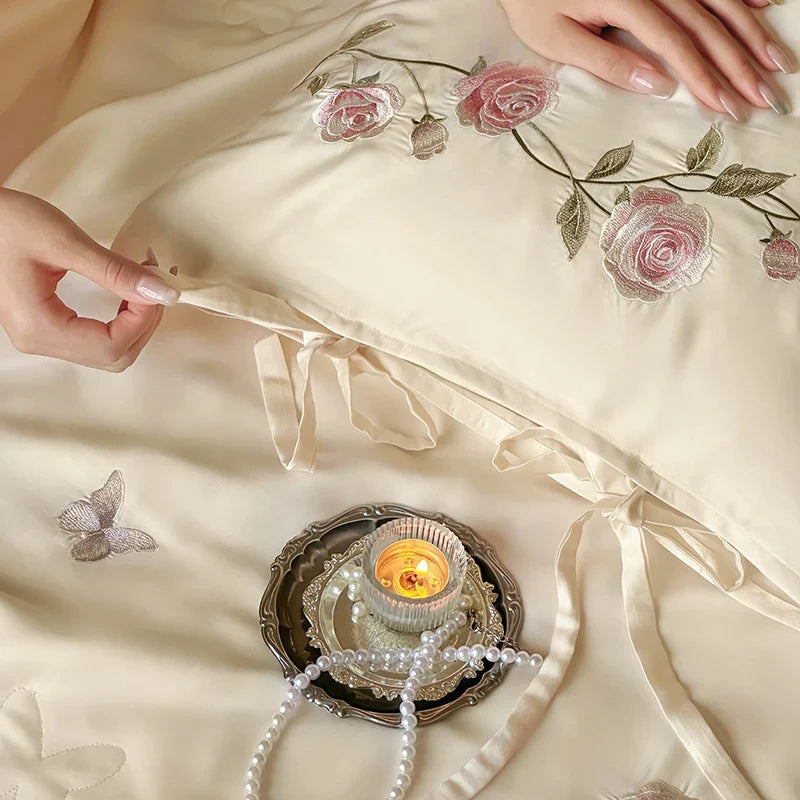 Satin Bedding Set Silk-Soft Satin & Embroidered Rose Vine