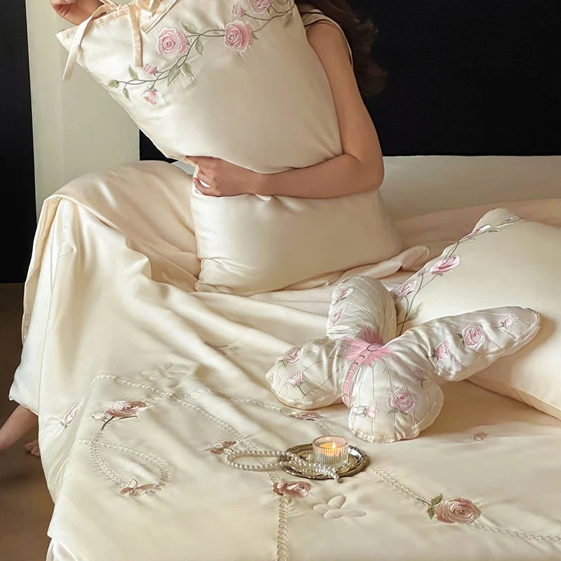 Satin Bedding Set Silk-Soft Satin & Embroidered Rose Vine
