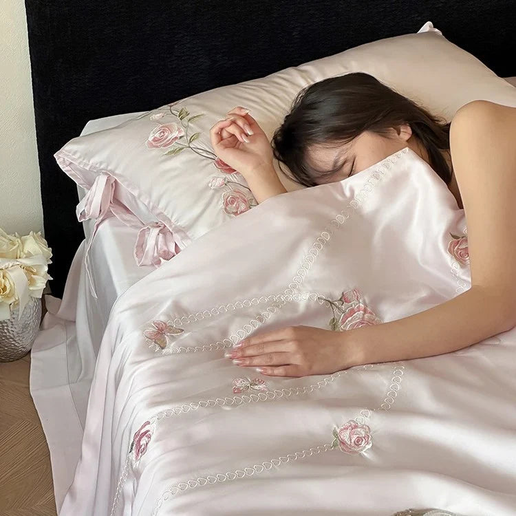 Satin Bedding Set Silk-Soft Satin & Embroidered Rose Vine