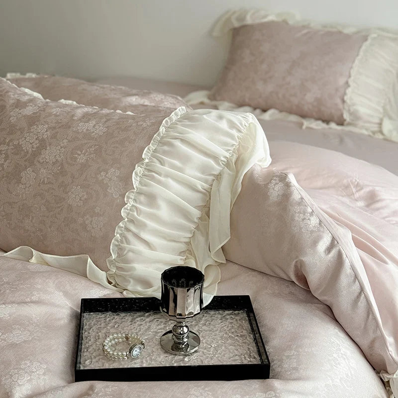 Satin Bedding Set Silky Damask Ruffled Edges