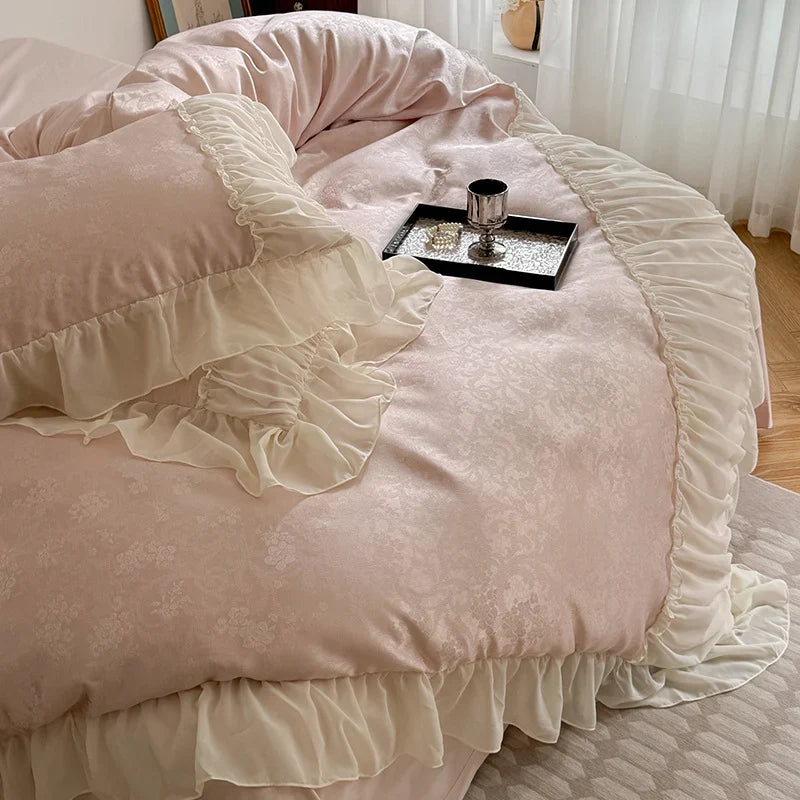 Satin Bedding Set Silky Damask Ruffled Edges