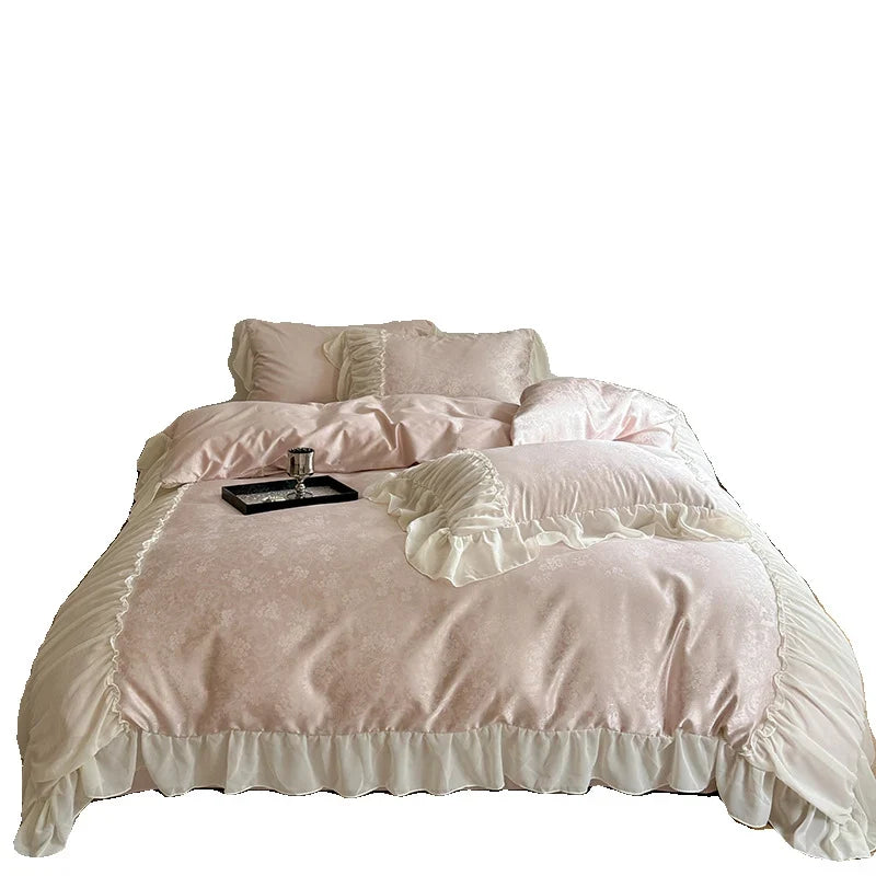 Satin Bedding Set Silky Damask Ruffled Edges