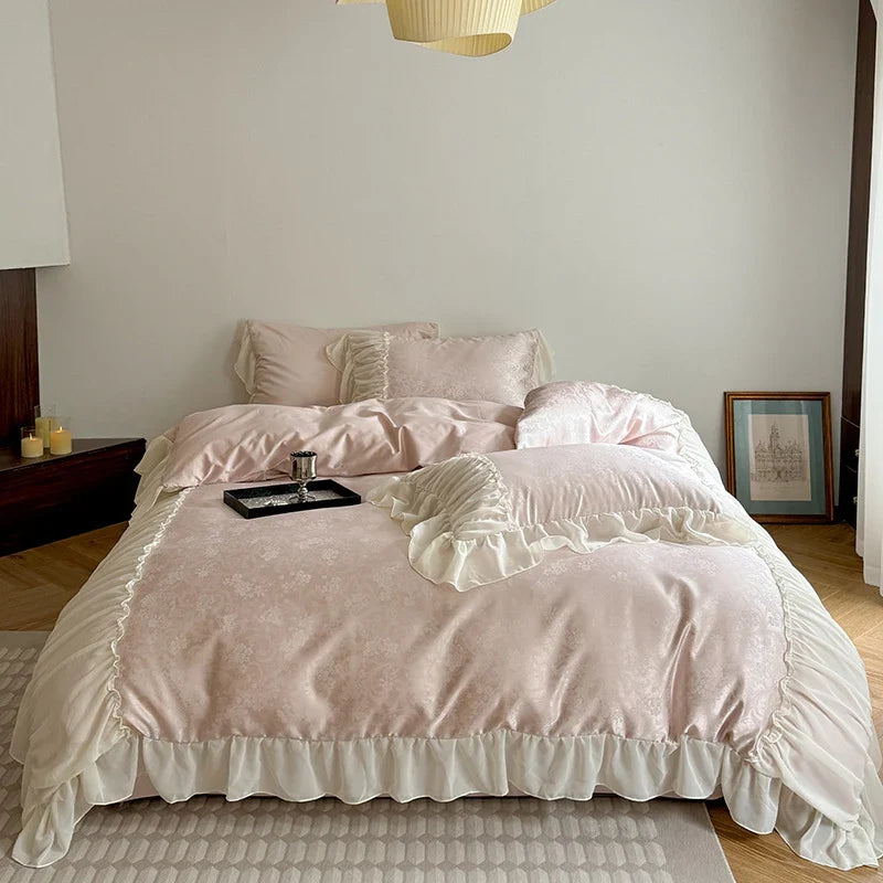 Satin Bedding Set Silky Damask Ruffled Edges