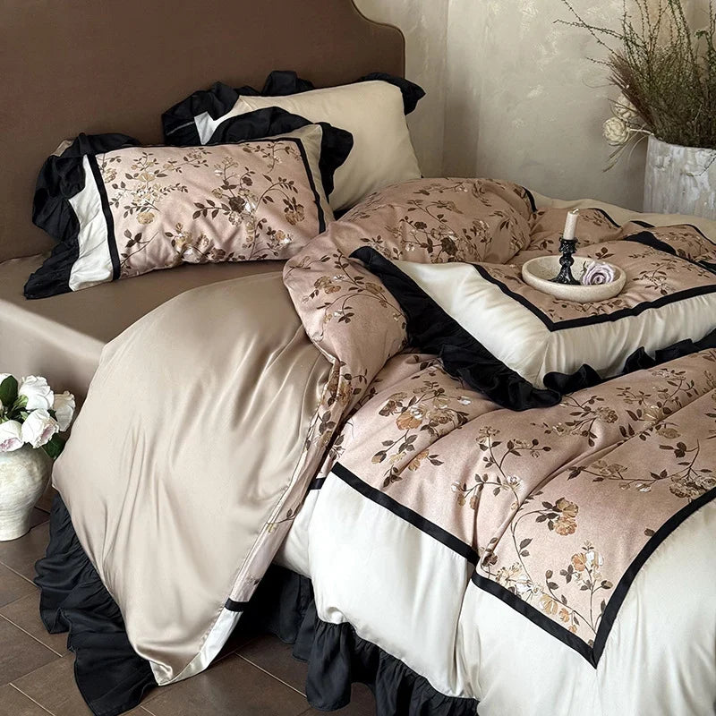 Satin Bedding Set Silky Embroidered Ruffle