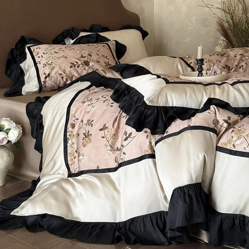 Satin Bedding Set Silky Embroidered Ruffle