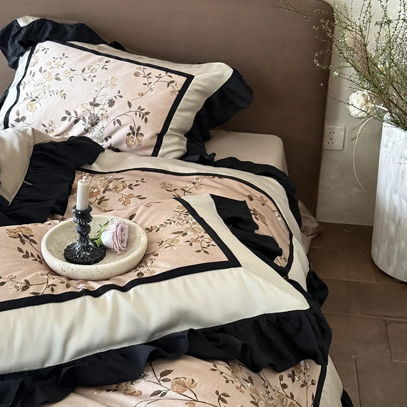 Satin Bedding Set Silky Embroidered Ruffle