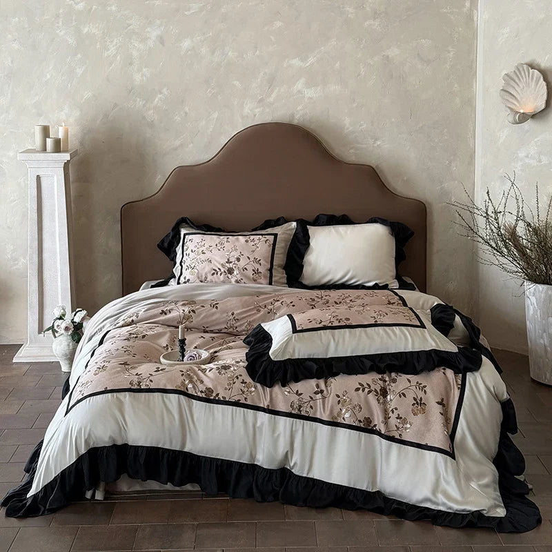 Satin Bedding Set Silky Embroidered Ruffle