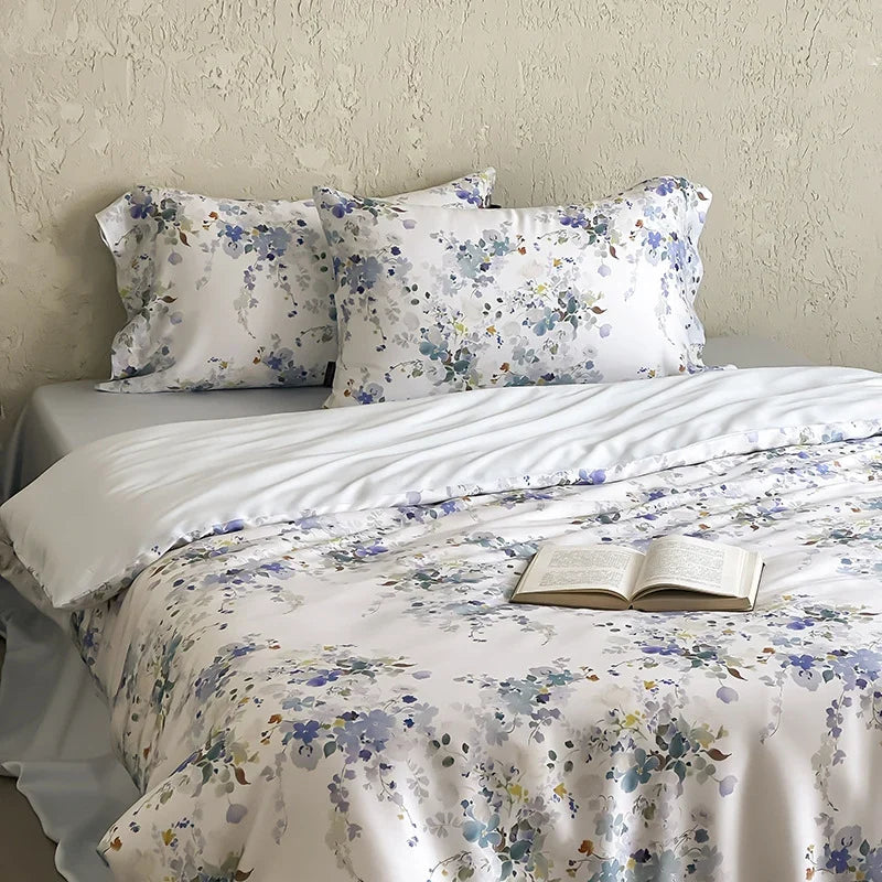 Satin Bedding Set Silky Shiny Floral Watercolor 4-Piece