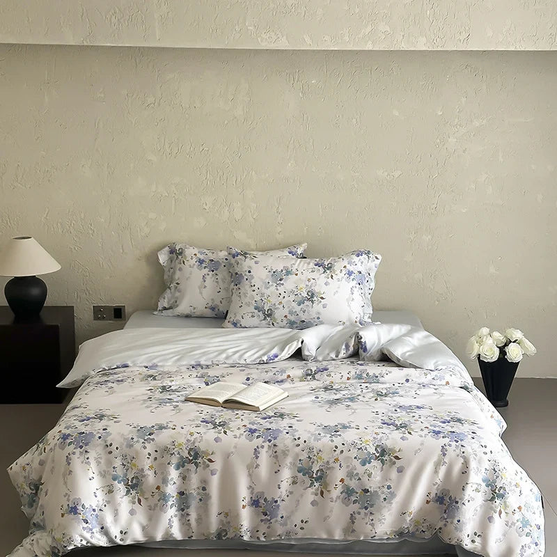 Satin Bedding Set Silky Shiny Floral Watercolor 4-Piece
