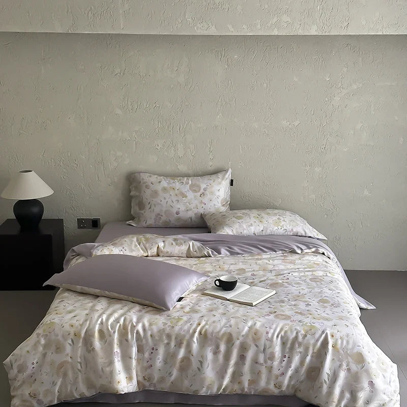 Satin Bedding Set Silky Shiny Floral Watercolor 4-Piece