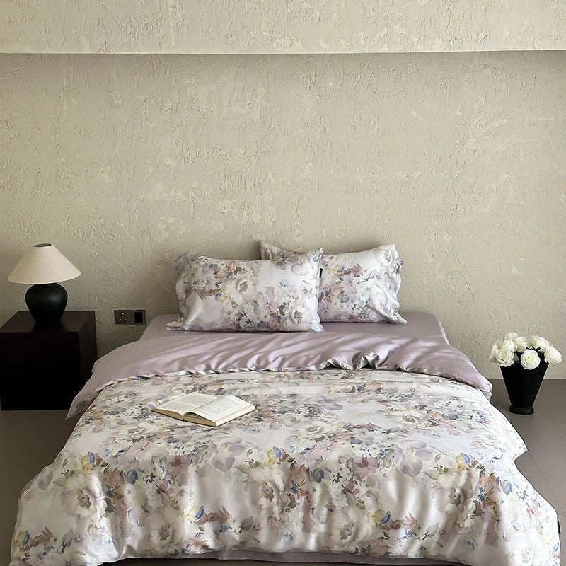 Satin Bedding Set Silky Shiny Floral Watercolor 4-Piece