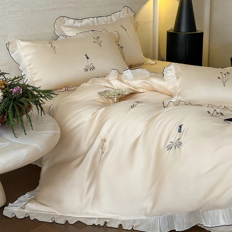 Satin Bedding Set Silky-Soft Pleated Frill Machine Washable