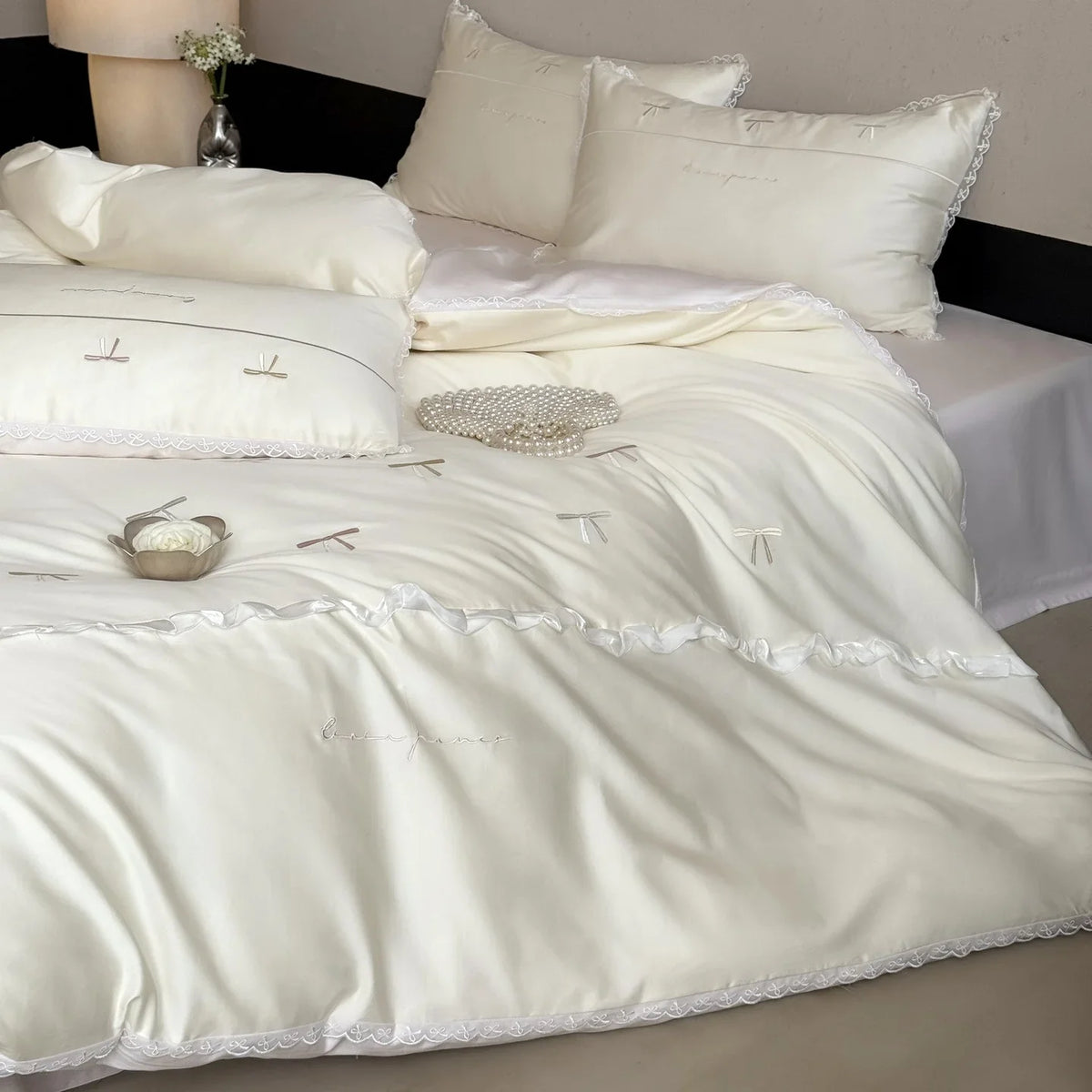 Satin Bedding Set Temperature-Regulating Embroidered Bows & Lace Trim