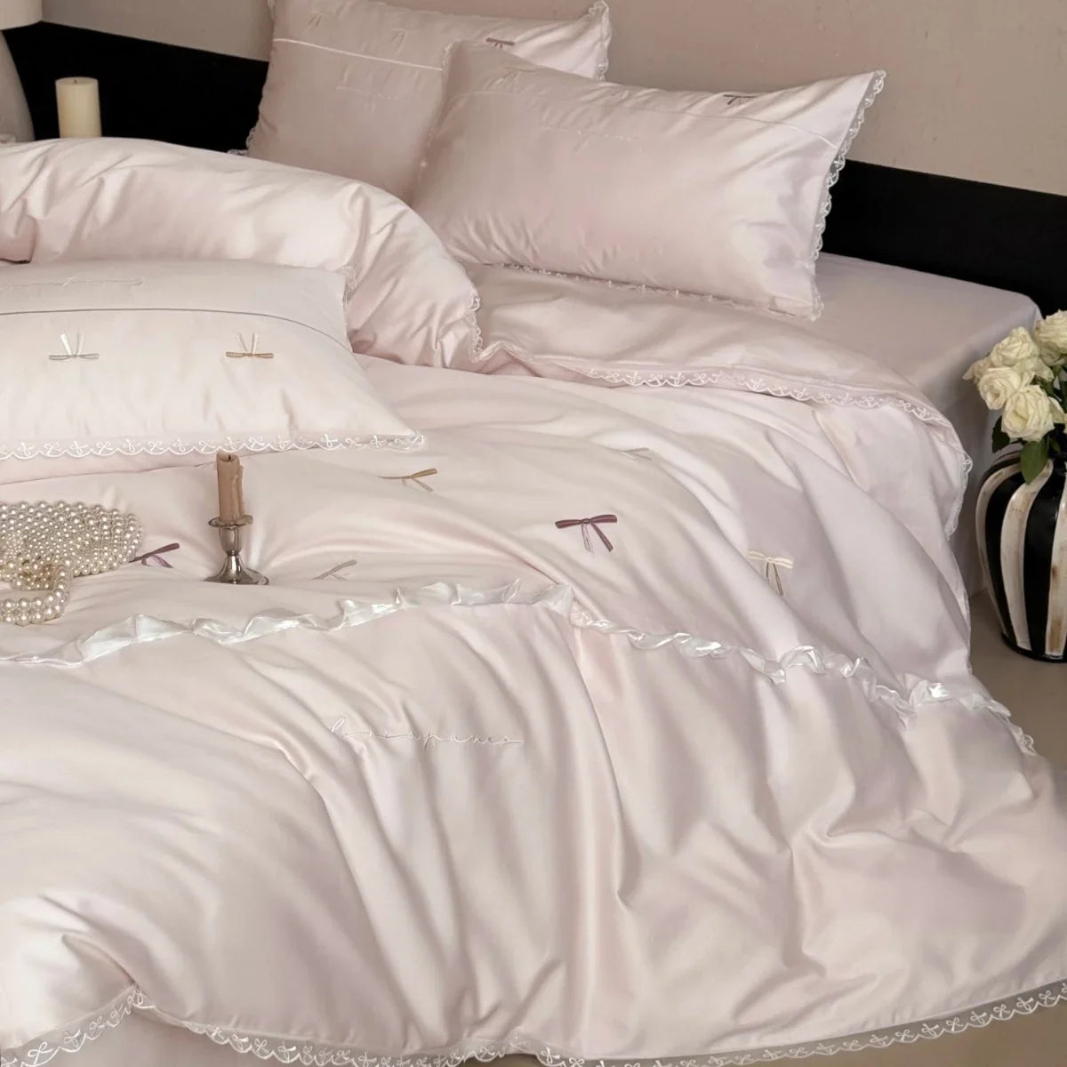 Satin Bedding Set Temperature-Regulating Embroidered Bows & Lace Trim