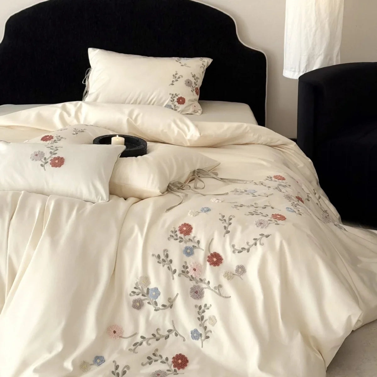 Satin Bedding Set Temperature Regulating Floral Embroidery