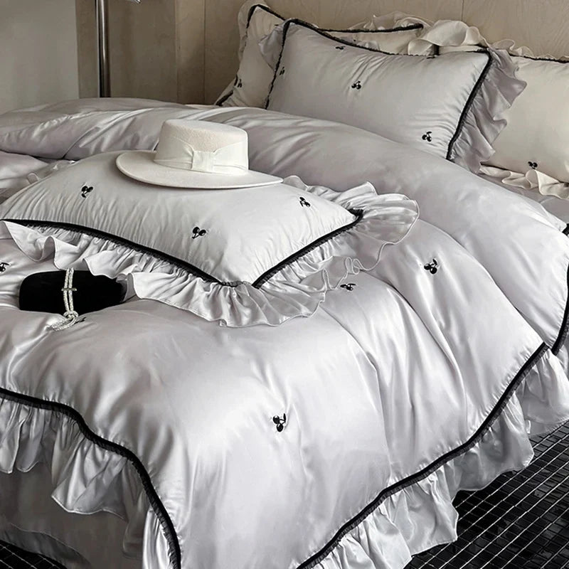 Satin Bedding Set Temperature-Regulating Ruffled Trim 4-Piece