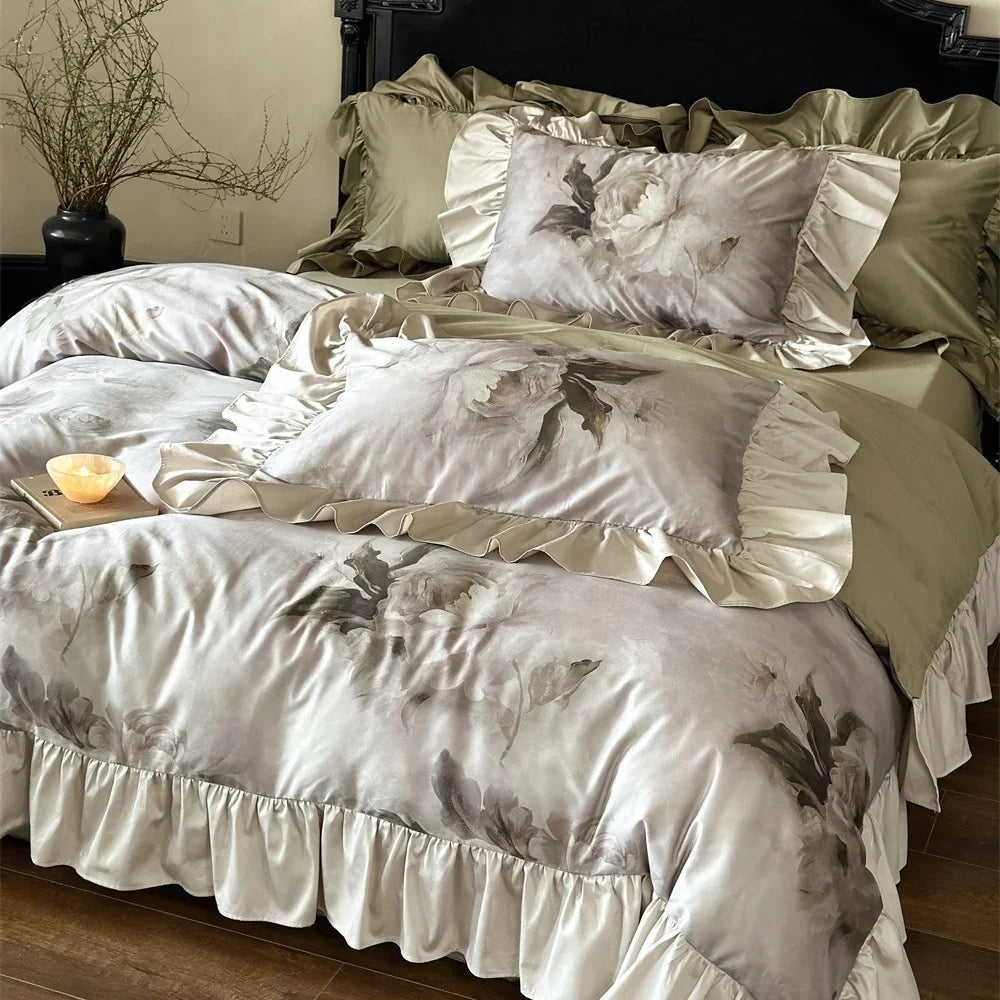 Satin Bedding Set Temperature-Regulating Silky-Matte Floral Ruffles