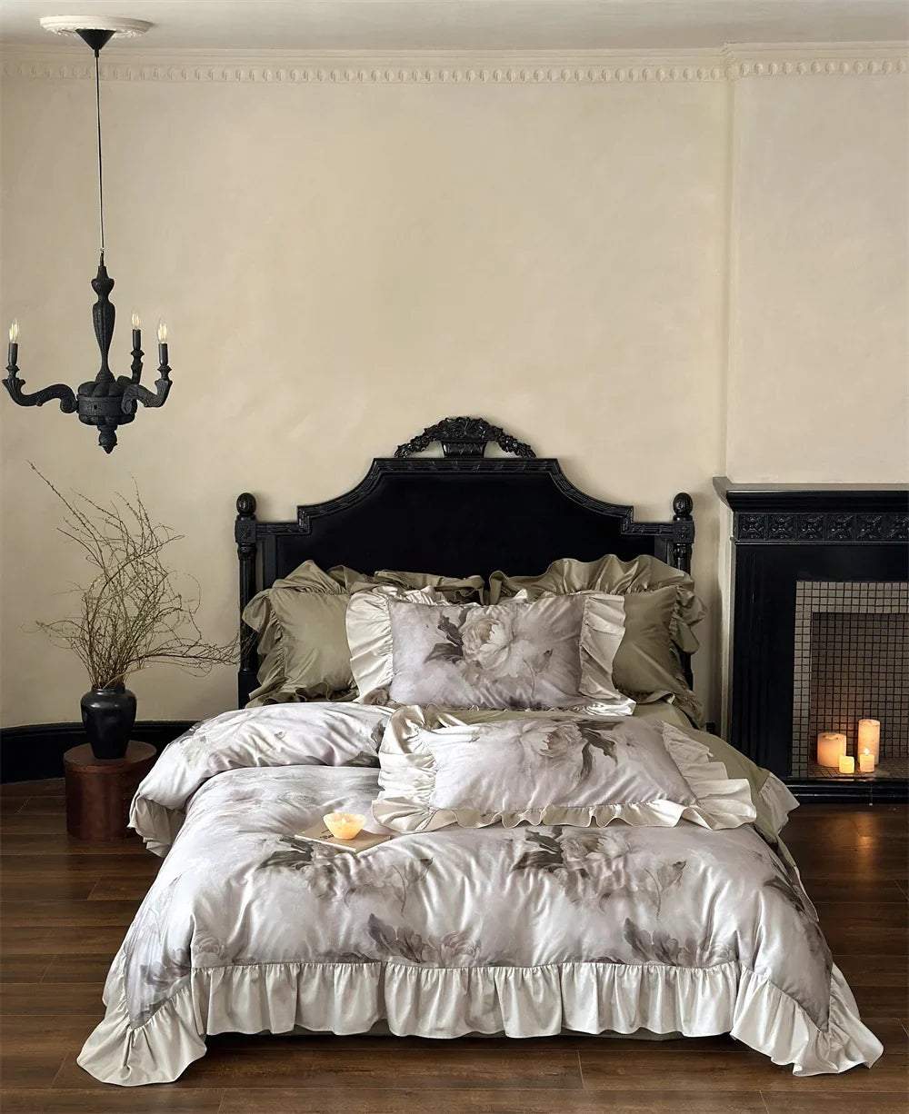 Satin Bedding Set Temperature-Regulating Silky-Matte Floral Ruffles