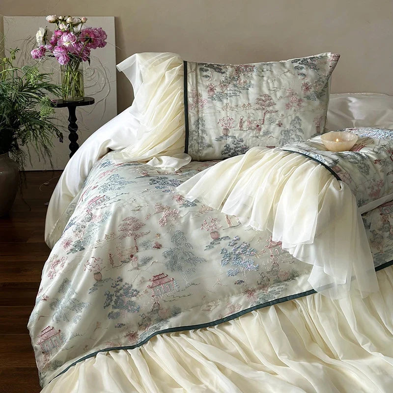 Satin Bedding Set Tencel-Cotton Vintage Toile 4-Piece