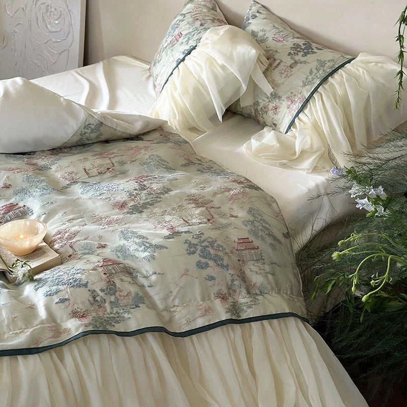 Satin Bedding Set Tencel-Cotton Vintage Toile 4-Piece
