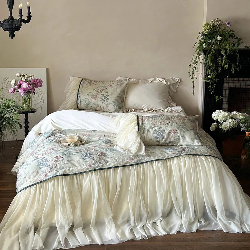Satin Bedding Set Tencel-Cotton Vintage Toile 4-Piece