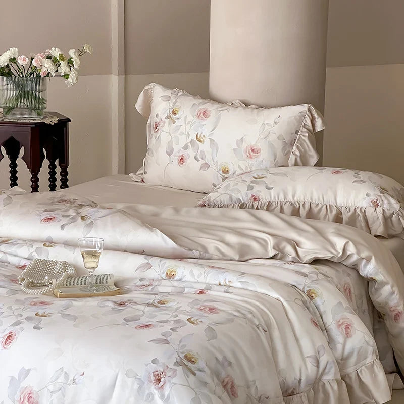 Satin Bedding Set Watercolor Rose Ruffled Pillows Machine Washable