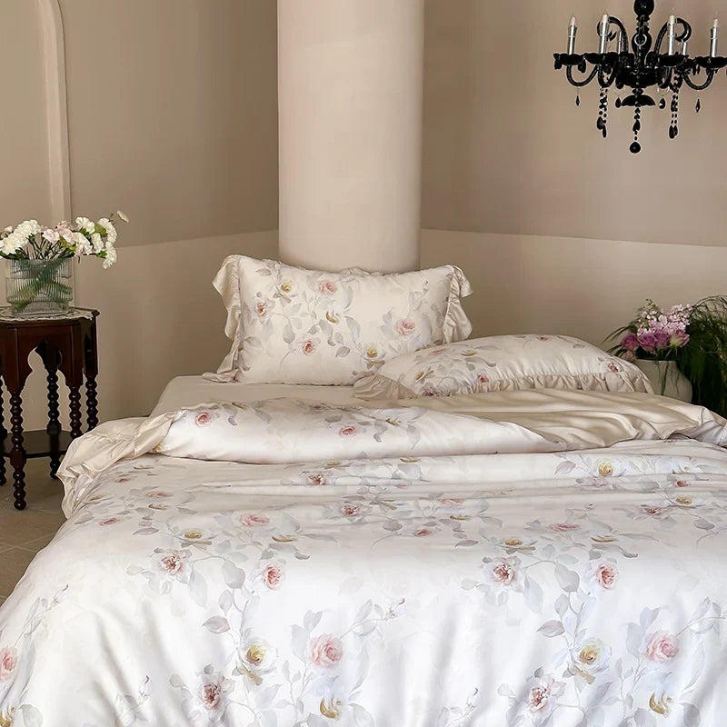 Satin Bedding Set Watercolor Rose Ruffled Pillows Machine Washable