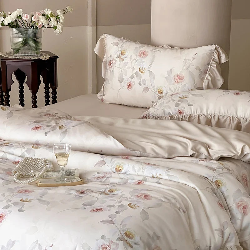 Satin Bedding Set Watercolor Rose Ruffled Pillows Machine Washable