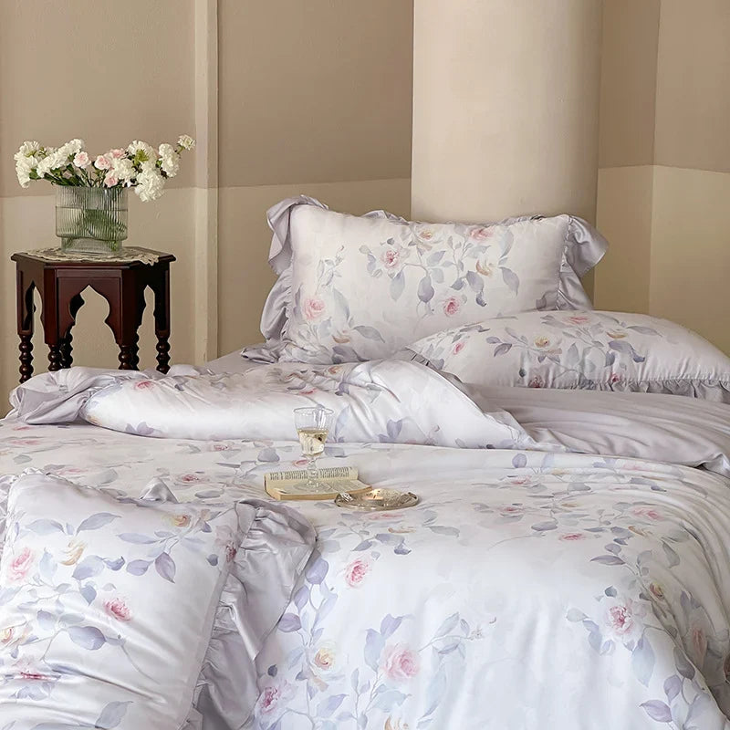 Satin Bedding Set Watercolor Rose Ruffled Pillows Machine Washable