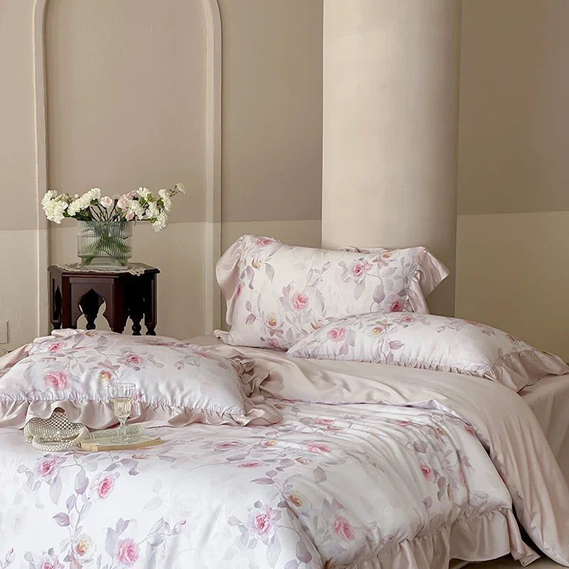 Satin Bedding Set Watercolor Rose Ruffled Pillows Machine Washable