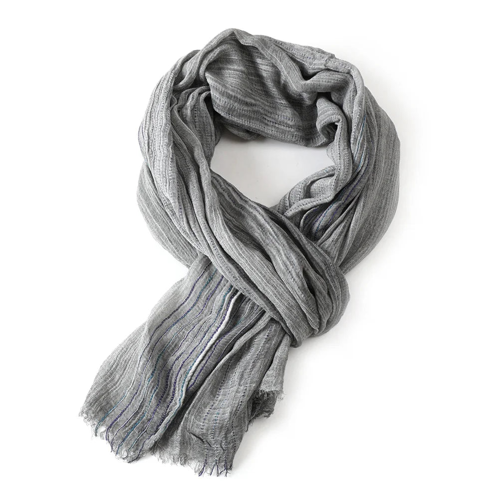Scarf Cotton-Linen Blend Striped Fringed Lightweight