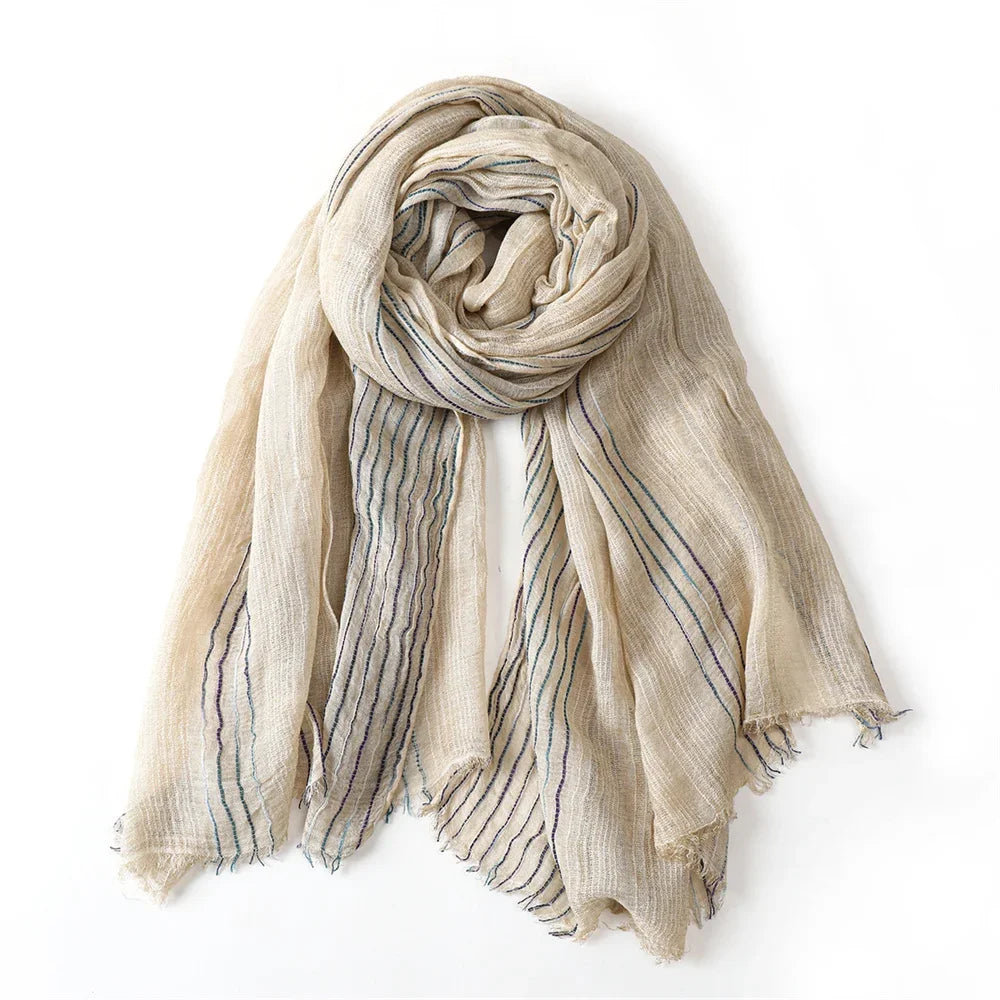 Scarf Cotton-Linen Blend Striped Fringed Lightweight