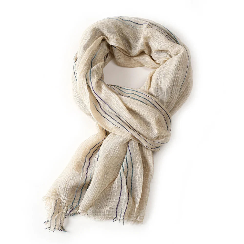 Scarf Cotton-Linen Blend Striped Fringed Lightweight
