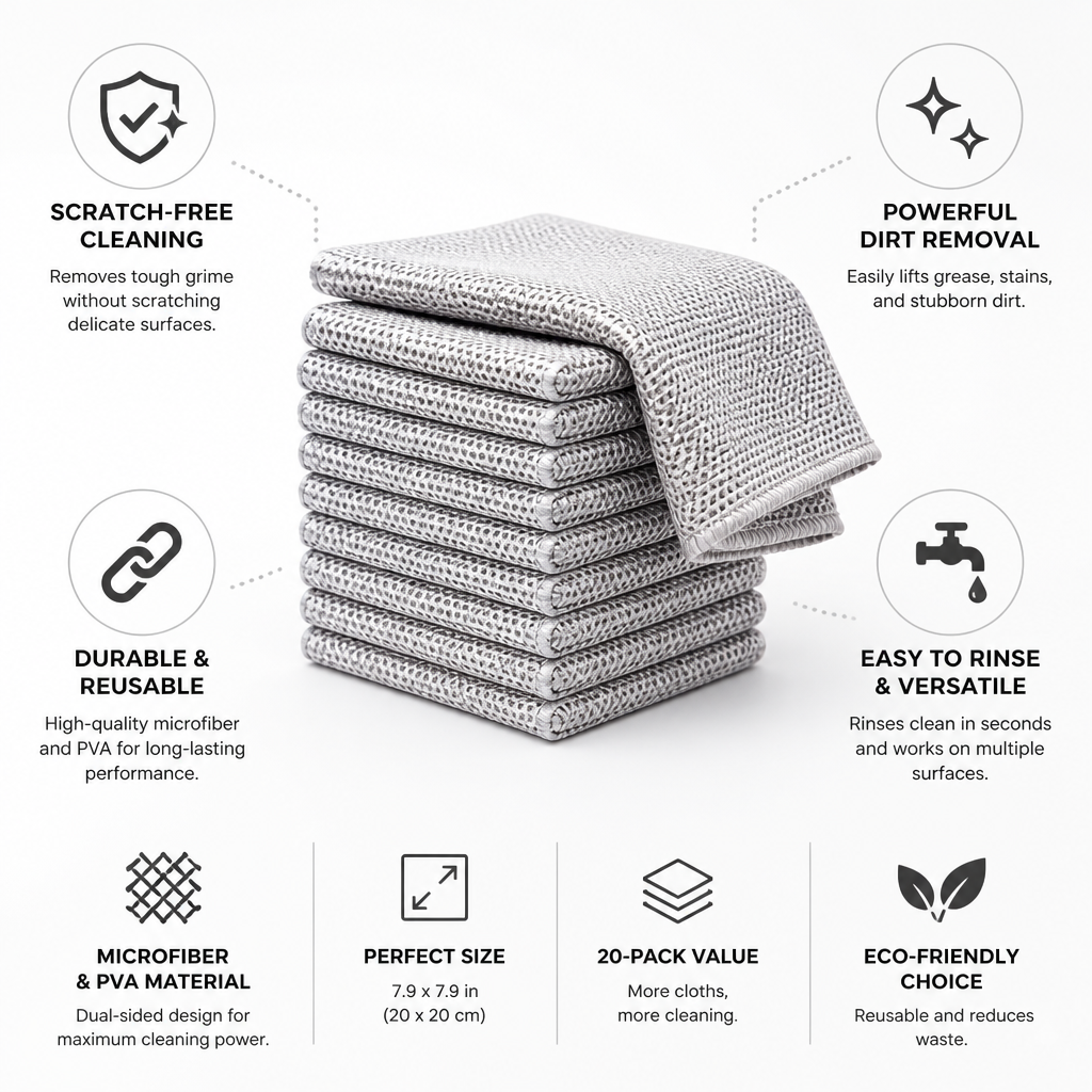 Scratch-Free Double-Sided Microfiber Cleaning Cloths (20-Pack)