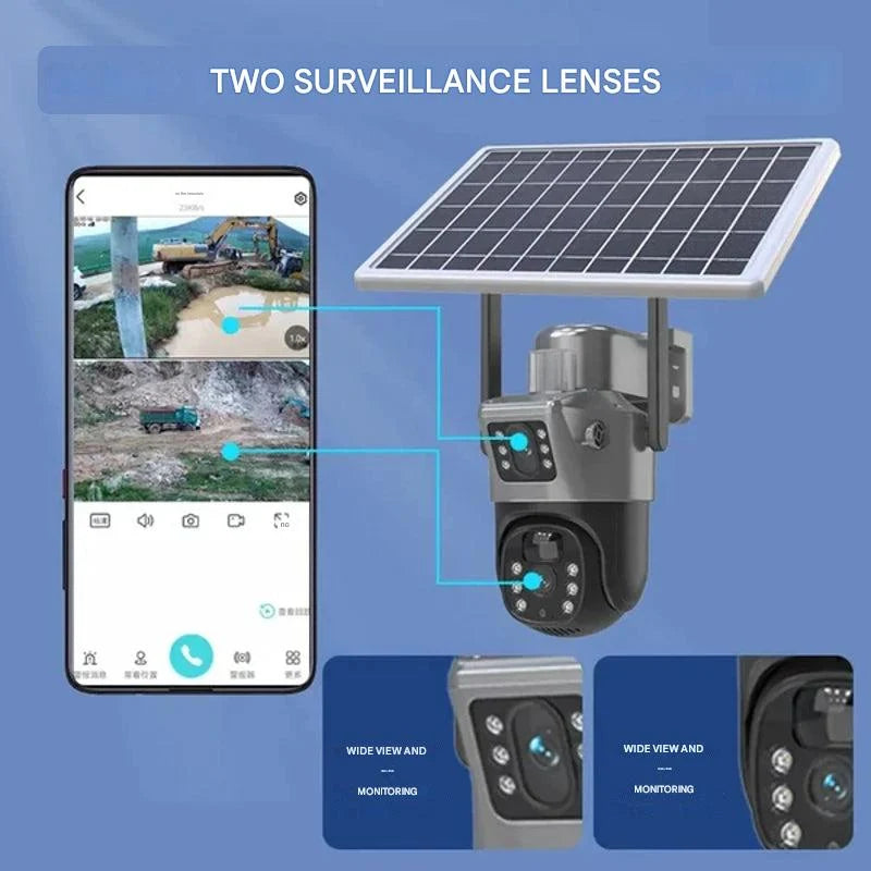 Security Camera 4K Dual-Lens Solar-Powered Wireless 10x Zoom