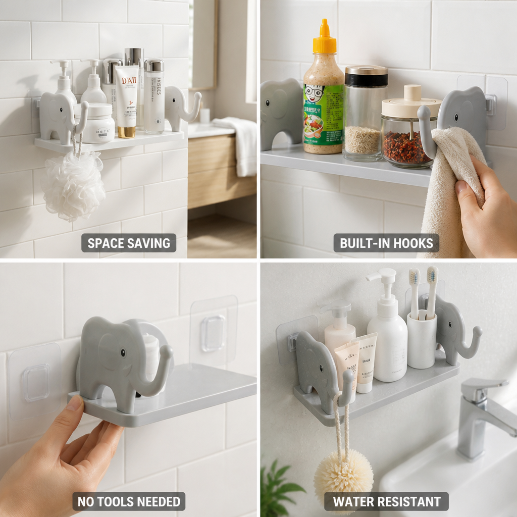 Self-Adhesive Elephant Wall Shelf With Hooks