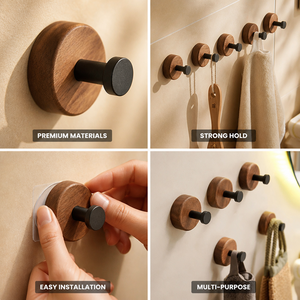 Self-Adhesive Walnut Wood & Matte Black Wall Hooks (Set of 5)
