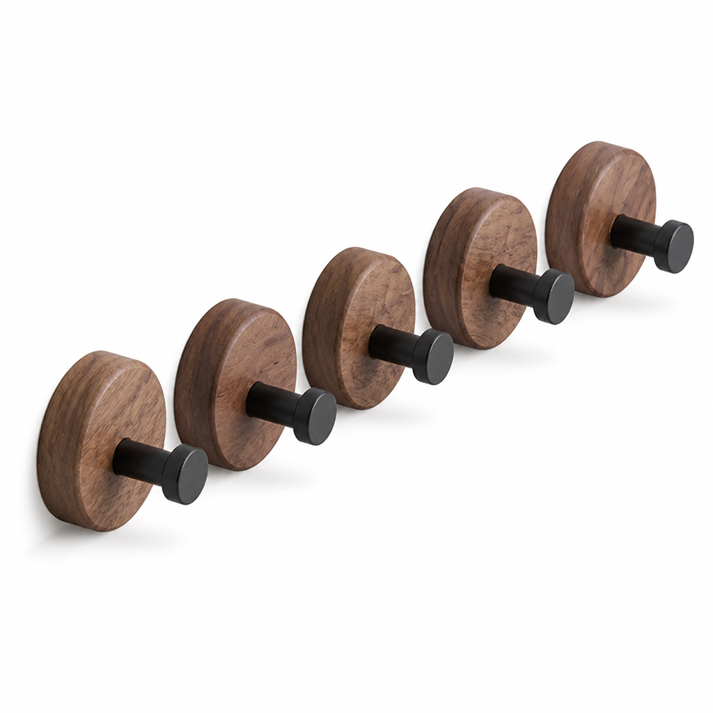 Self-Adhesive Walnut Wood & Matte Black Wall Hooks (Set of 5)