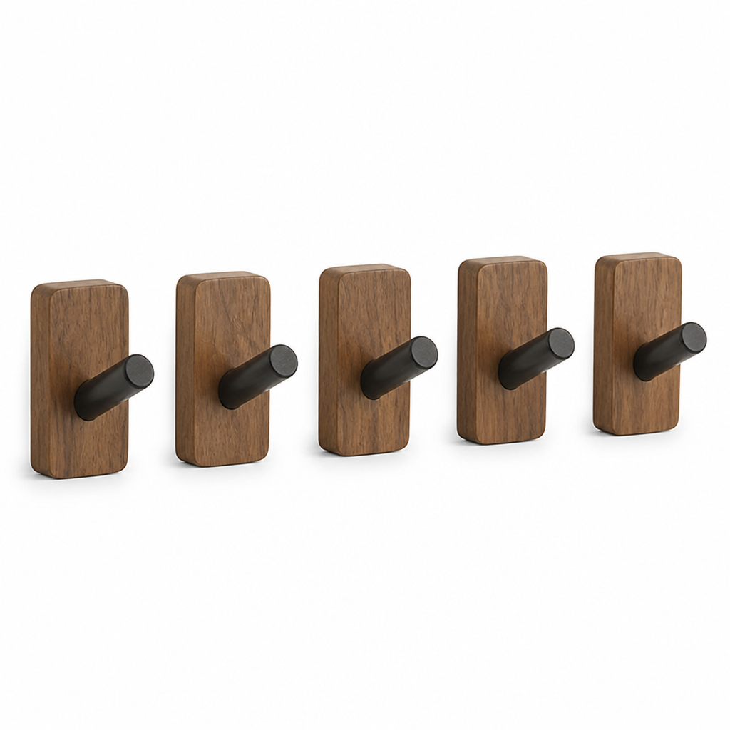 Self-Adhesive Walnut Wood & Matte Black Wall Hooks (Set of 5)