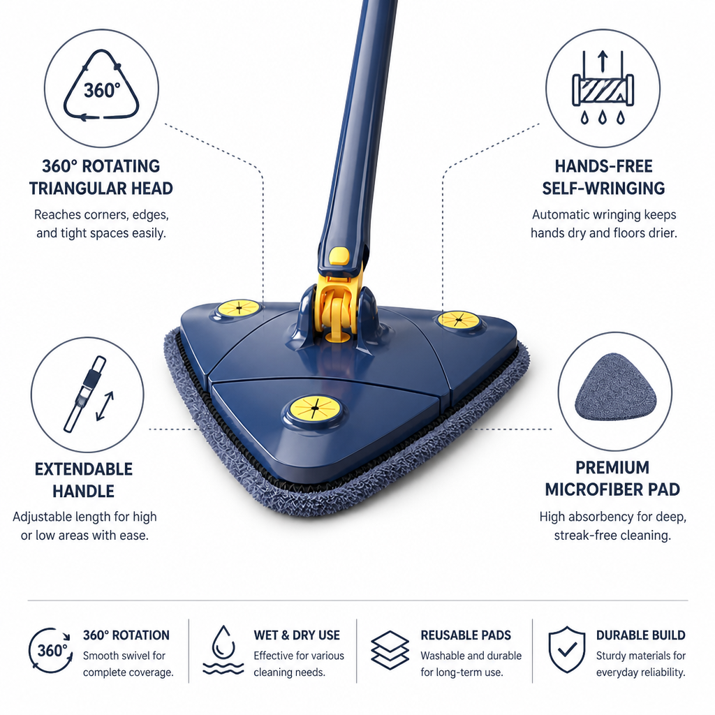 Self-Wringing 360° Rotating Triangle Mop (Telescopic Handle)