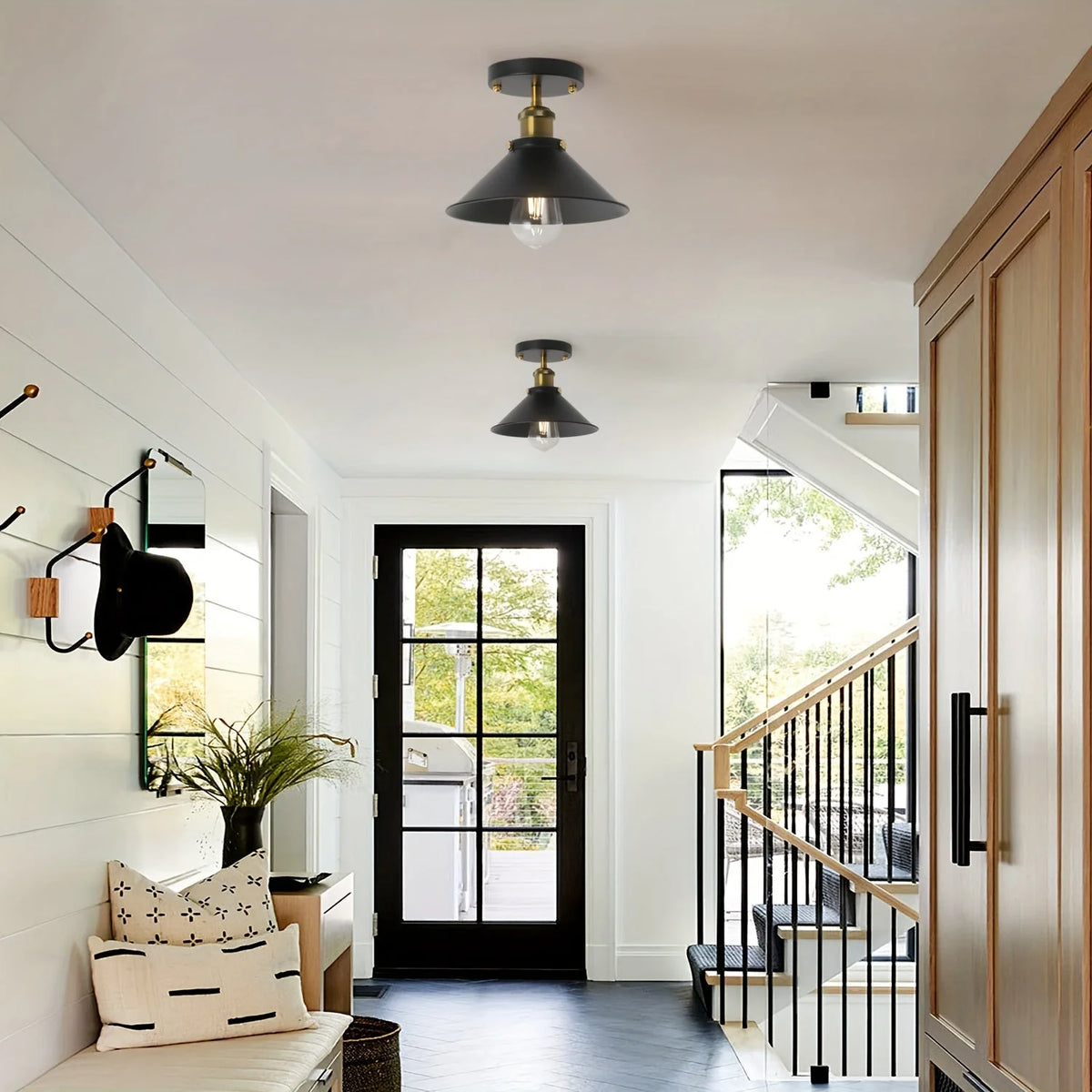 Semi-Flush Ceiling Light Industrial Black Metal Short Drop