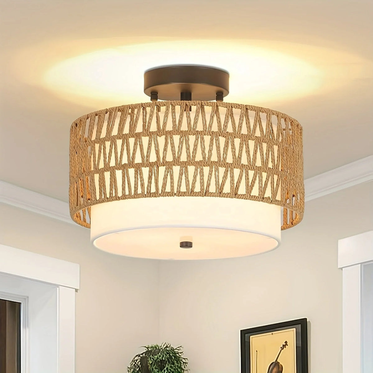 Semi-Flush Ceiling Light Rattan Frame Linen Shade