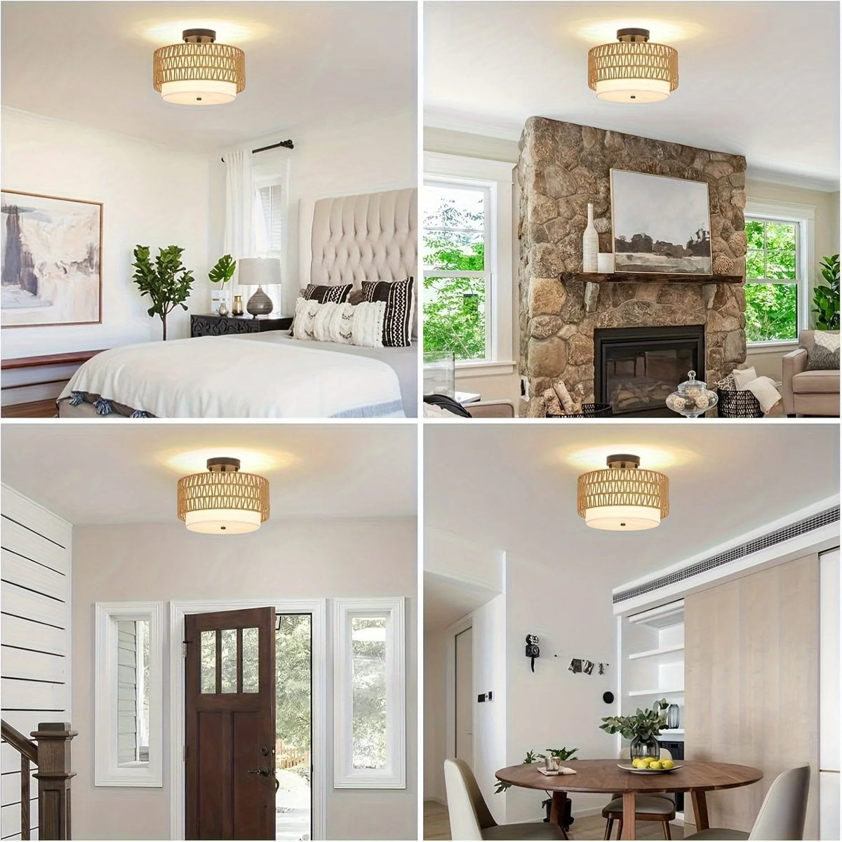 Semi-Flush Ceiling Light Rattan Frame Linen Shade