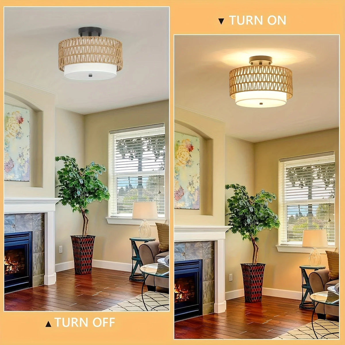 Semi-Flush Ceiling Light Rattan Frame Linen Shade