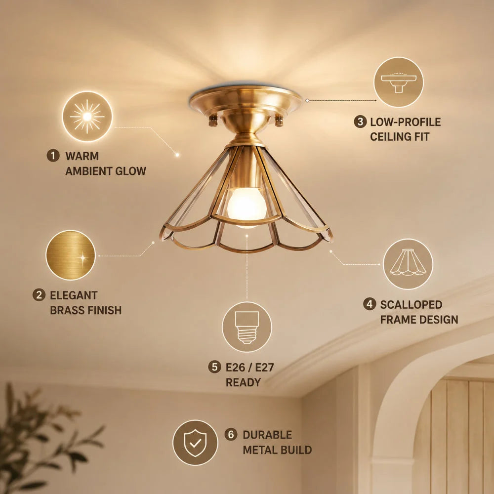 Semi-Flush Ceiling Light Scalloped Brass Shade Upward & Downward