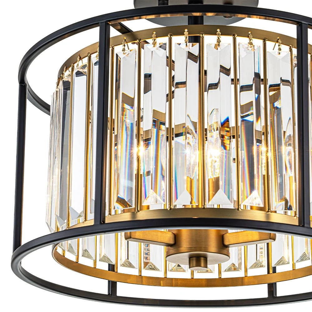 Semi-Flush Mount Ceiling Light Crystal Black & Brass 3-Light