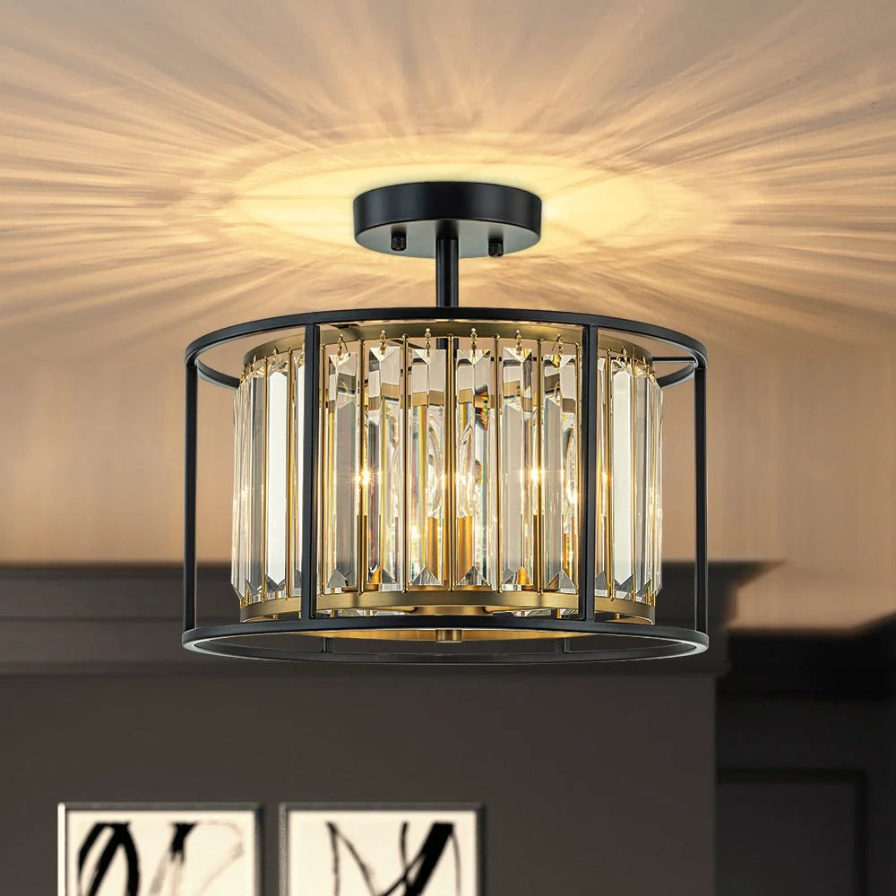 Semi-Flush Mount Ceiling Light Crystal Black & Brass 3-Light