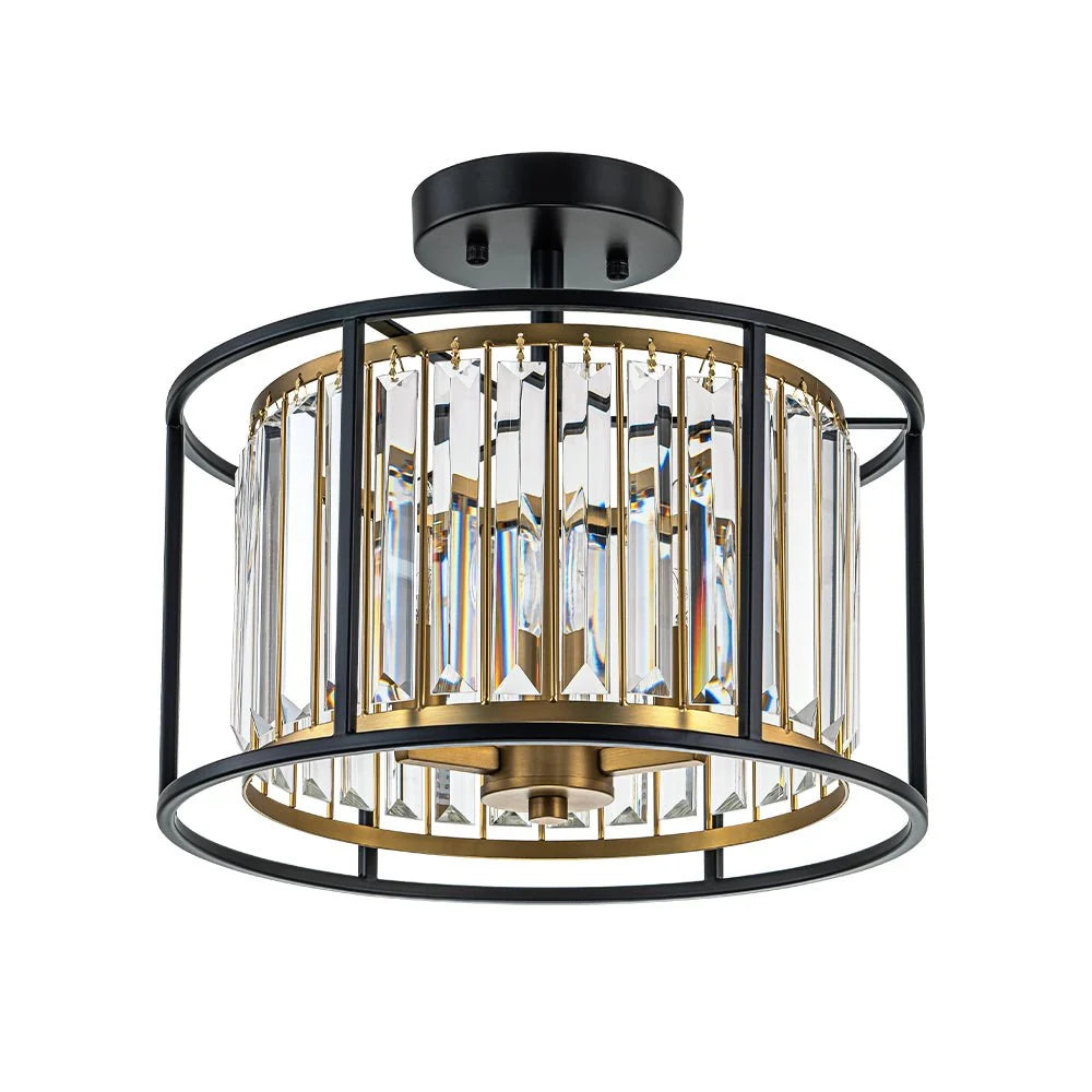 Semi-Flush Mount Ceiling Light Crystal Black & Brass 3-Light