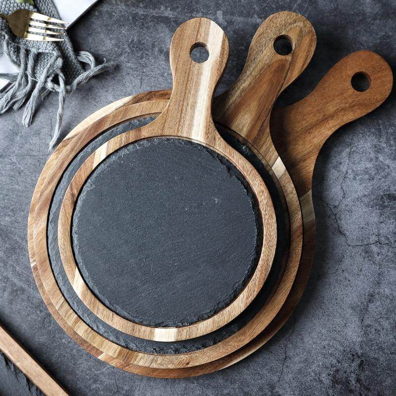 Serving Board Round Slate Insert With Wooden Handle