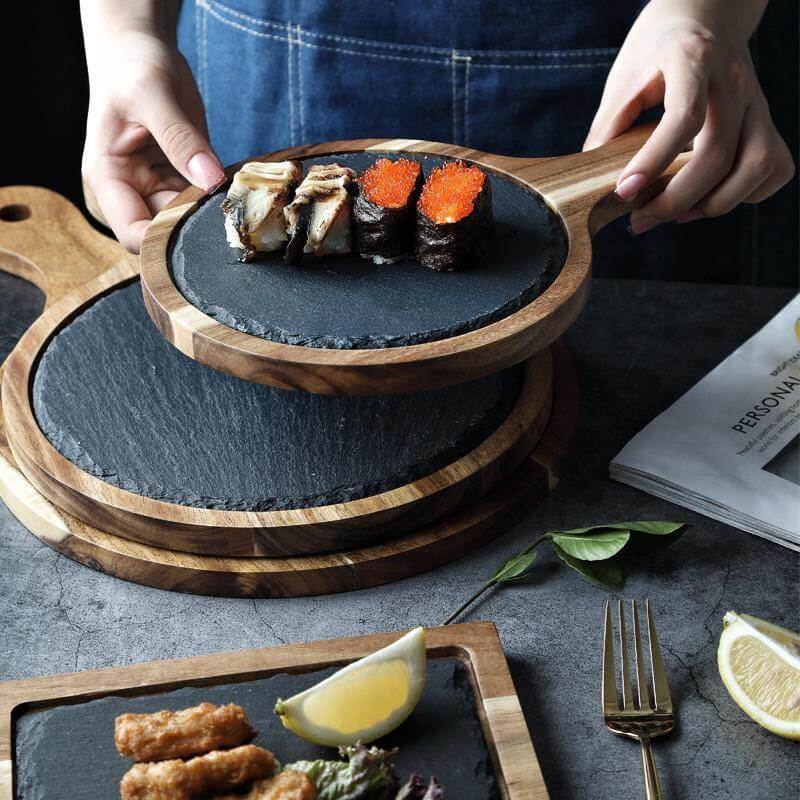 Serving Board Round Slate Insert With Wooden Handle